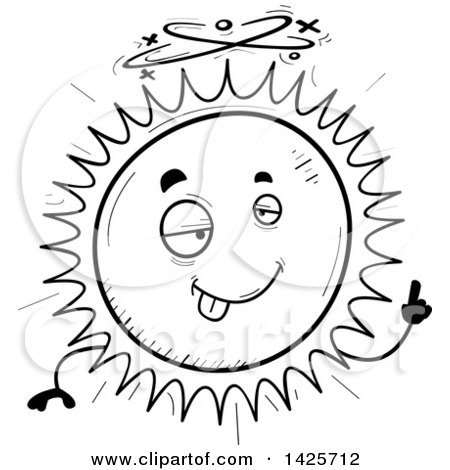 Clipart of a Cartoon Black and White Doodled Drunk Sun Character - Royalty Free Vector Illustration by Cory Thoman
