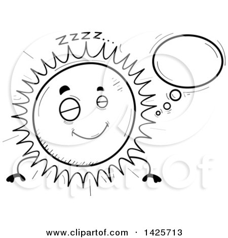 Clipart of a Cartoon Black and White Doodled Dreaming Sun Character - Royalty Free Vector Illustration by Cory Thoman