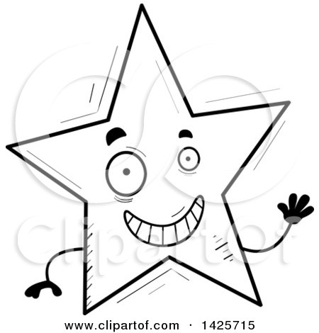 Clipart of a Cartoon Black and White Doodled Waving Star Character - Royalty Free Vector Illustration by Cory Thoman