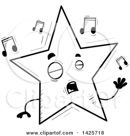 Clipart of a Cartoon Black and White Doodled Singing Star Character - Royalty Free Vector Illustration by Cory Thoman