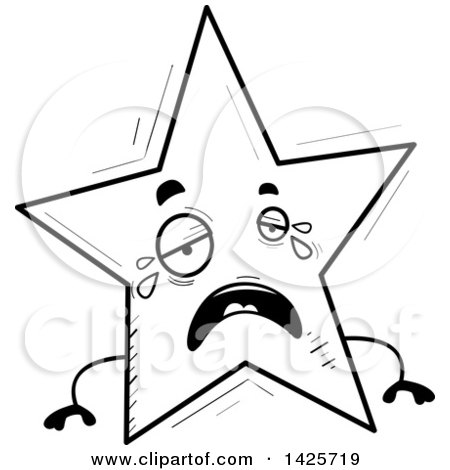 Clipart of a Cartoon Black and White Doodled Crying Star Character - Royalty Free Vector Illustration by Cory Thoman