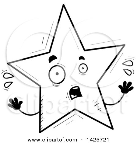 Clipart of a Cartoon Black and White Doodled Scared Star Character - Royalty Free Vector Illustration by Cory Thoman