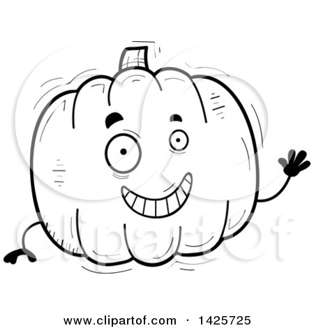 Clipart of a Cartoon Black and White Doodled Waving Pumpkin Character - Royalty Free Vector Illustration by Cory Thoman