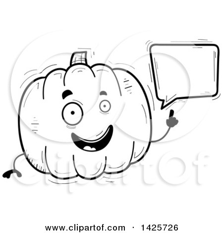 Clipart of a Cartoon Black and White Doodled Talking Pumpkin Character - Royalty Free Vector Illustration by Cory Thoman