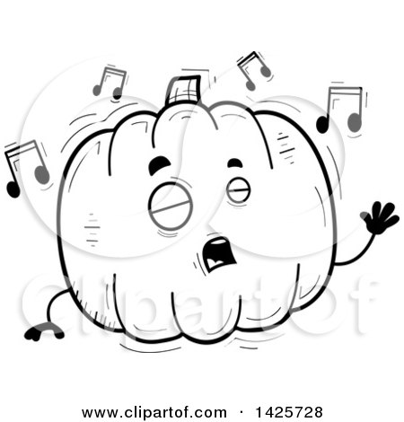 Clipart of a Cartoon Black and White Doodled Singing Pumpkin Character - Royalty Free Vector Illustration by Cory Thoman