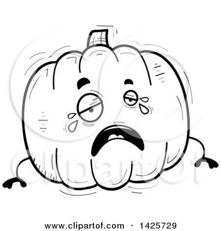 Clipart of a Cartoon Black and White Doodled Crying Pumpkin Character - Royalty Free Vector Illustration by Cory Thoman