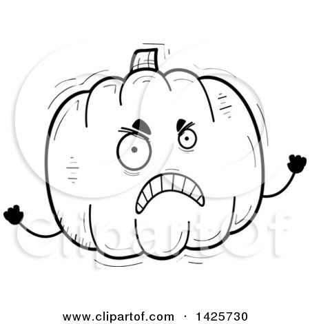 Clipart of a Cartoon Black and White Doodled Mad Pumpkin Character - Royalty Free Vector Illustration by Cory Thoman