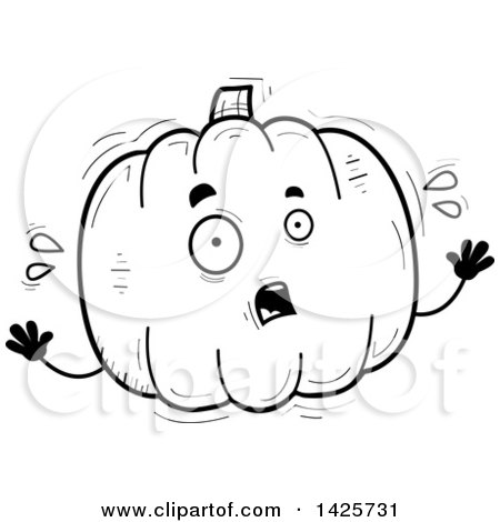 Clipart of a Cartoon Black and White Doodled Scared Pumpkin Character - Royalty Free Vector Illustration by Cory Thoman