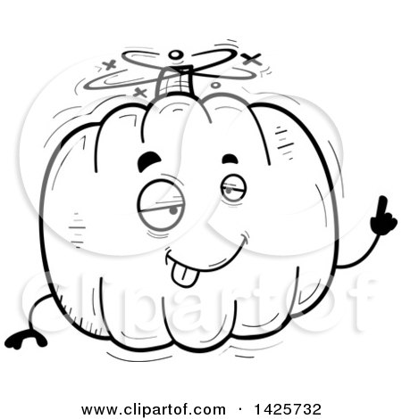 Clipart of a Cartoon Black and White Doodled Drunk Pumpkin Character - Royalty Free Vector Illustration by Cory Thoman