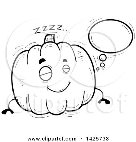 Clipart of a Cartoon Black and White Doodled Dreaming Pumpkin Character - Royalty Free Vector Illustration by Cory Thoman