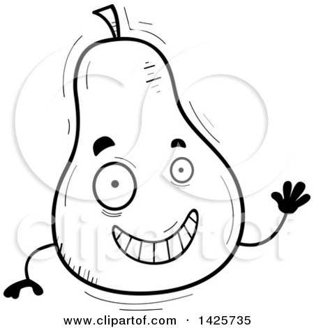 Clipart of a Cartoon Black and White Doodled Waving Pear Character - Royalty Free Vector Illustration by Cory Thoman