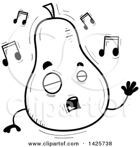 Clipart of a Cartoon Black and White Doodled Singing Pear Character - Royalty Free Vector Illustration by Cory Thoman