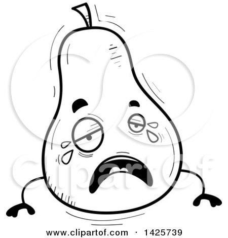 Clipart of a Cartoon Black and White Doodled Crying Pear Character - Royalty Free Vector Illustration by Cory Thoman