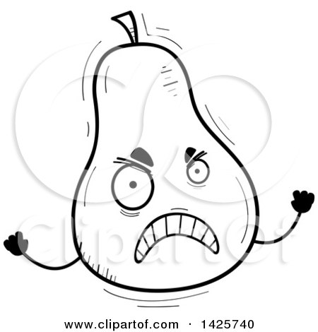 Clipart of a Cartoon Black and White Doodled Mad Pear Character - Royalty Free Vector Illustration by Cory Thoman