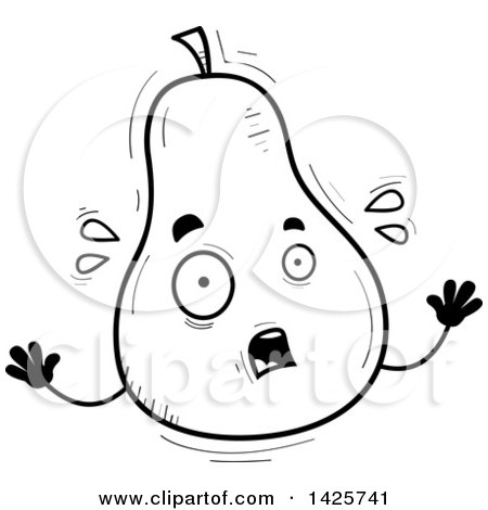 Clipart of a Cartoon Black and White Doodled Scared Pear Character - Royalty Free Vector Illustration by Cory Thoman