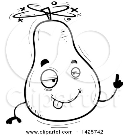 Clipart of a Cartoon Black and White Doodled Drunk Pear Character - Royalty Free Vector Illustration by Cory Thoman