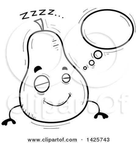 Clipart of a Cartoon Black and White Doodled Dreaming Pear Character - Royalty Free Vector Illustration by Cory Thoman