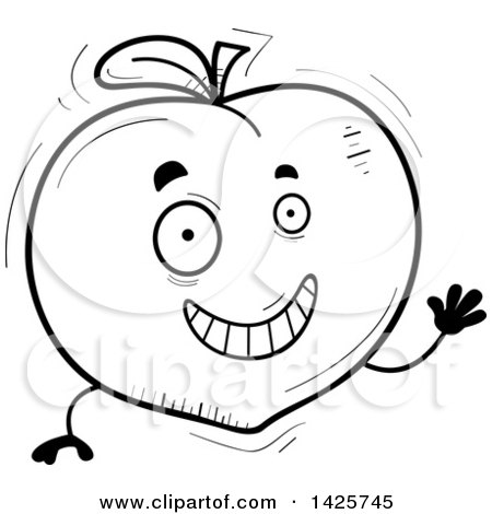 Clipart of a Cartoon Black and White Doodled Waving Peach Character - Royalty Free Vector Illustration by Cory Thoman
