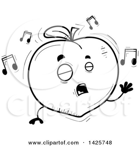 Clipart of a Cartoon Black and White Doodled Singing Peach Character - Royalty Free Vector Illustration by Cory Thoman