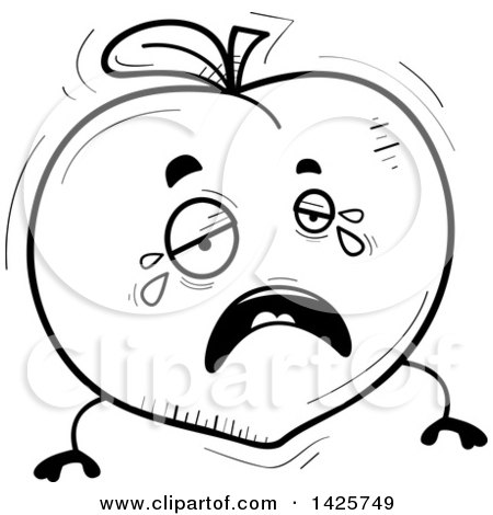 Clipart of a Cartoon Black and White Doodled Crying Peach Character - Royalty Free Vector Illustration by Cory Thoman