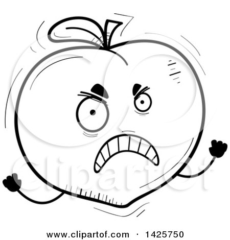 Clipart of a Cartoon Black and White Doodled Mad Peach Character - Royalty Free Vector Illustration by Cory Thoman