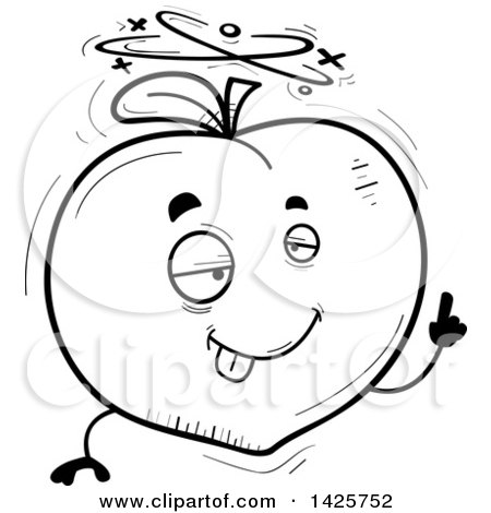 Clipart of a Cartoon Black and White Doodled Drunk Peach Character - Royalty Free Vector Illustration by Cory Thoman