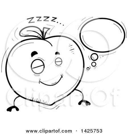 Clipart of a Cartoon Black and White Doodled Dreaming Peach Character - Royalty Free Vector Illustration by Cory Thoman