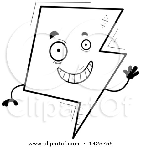 Clipart of a Cartoon Black and White Doodled Waving Lightning Character - Royalty Free Vector Illustration by Cory Thoman