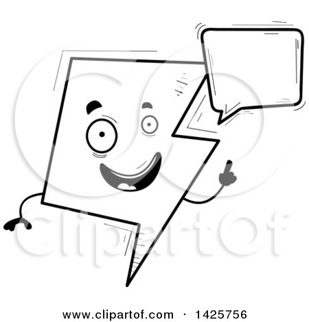 Clipart of a Cartoon Black and White Doodled Talking Lightning Character - Royalty Free Vector Illustration by Cory Thoman