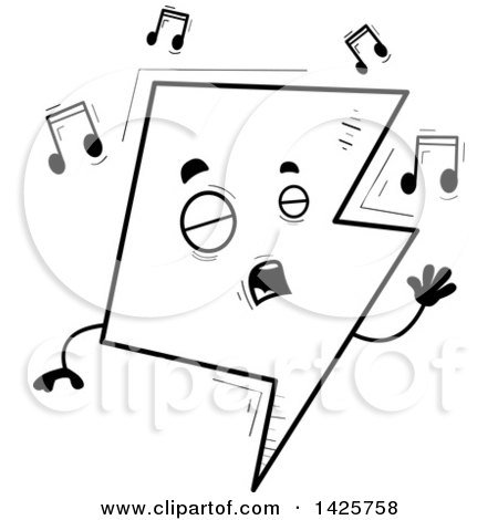 Clipart of a Cartoon Black and White Doodled Singing Lightning Character - Royalty Free Vector Illustration by Cory Thoman