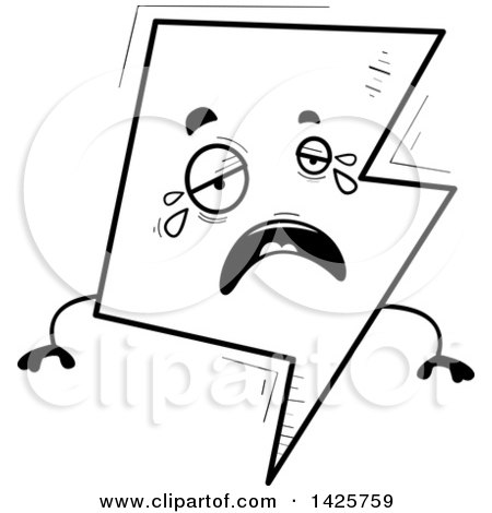 Clipart of a Cartoon Black and White Doodled Crying Lightning Character - Royalty Free Vector Illustration by Cory Thoman