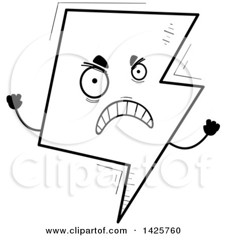 Clipart of a Cartoon Black and White Doodled Mad Lightning Character - Royalty Free Vector Illustration by Cory Thoman