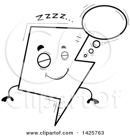 Clipart of a Cartoon Black and White Doodled Dreaming Lightning Character - Royalty Free Vector Illustration by Cory Thoman