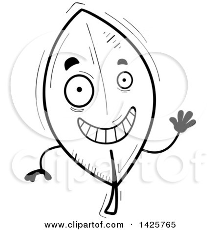 Clipart of a Cartoon Black and White Doodled Waving Leaf Character - Royalty Free Vector Illustration by Cory Thoman