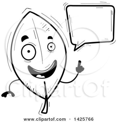 Clipart of a Cartoon Black and White Doodled Talking Leaf Character - Royalty Free Vector Illustration by Cory Thoman