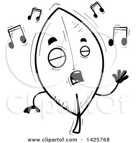 Clipart of a Cartoon Black and White Doodled Singing Leaf Character - Royalty Free Vector Illustration by Cory Thoman