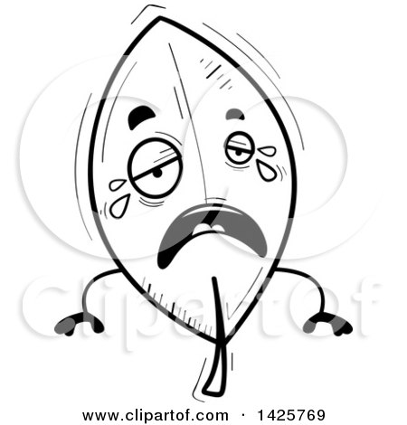 Clipart of a Cartoon Black and White Doodled Crying Leaf Character - Royalty Free Vector Illustration by Cory Thoman