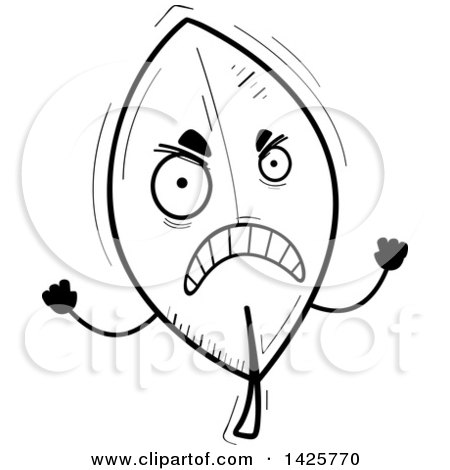 Clipart of a Cartoon Black and White Doodled Mad Leaf Character - Royalty Free Vector Illustration by Cory Thoman