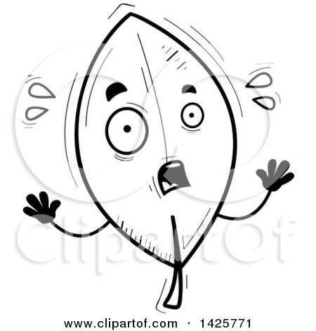 Clipart of a Cartoon Black and White Doodled Scared Leaf Character - Royalty Free Vector Illustration by Cory Thoman