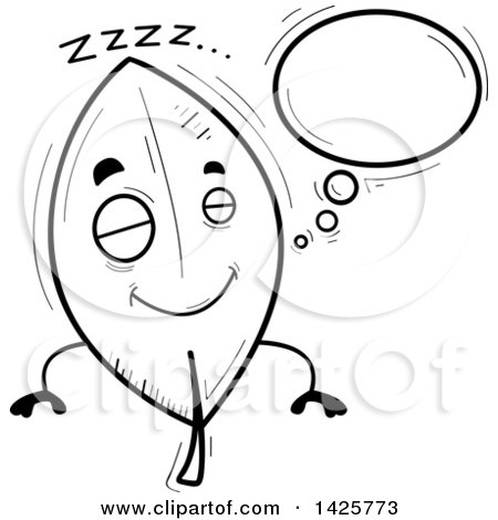 Clipart of a Cartoon Black and White Doodled Dreaming Leaf Character - Royalty Free Vector Illustration by Cory Thoman