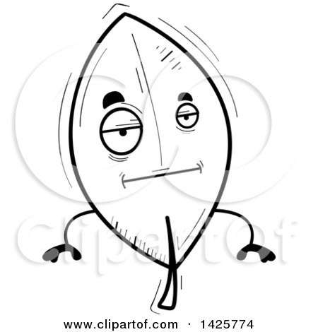 Clipart of a Cartoon Black and White Doodled Bored Leaf Character - Royalty Free Vector Illustration by Cory Thoman