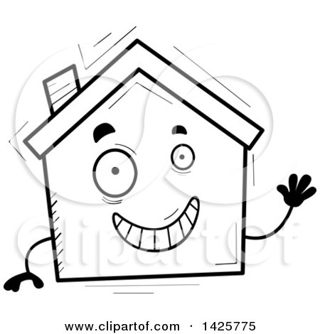 Clipart of a Cartoon Black and White Doodled Waving Home Character - Royalty Free Vector Illustration by Cory Thoman