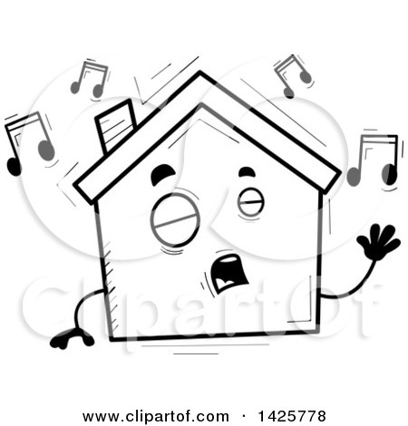 Clipart of a Cartoon Black and White Doodled Singing Home Character - Royalty Free Vector Illustration by Cory Thoman