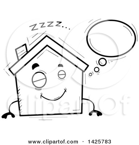 Clipart of a Cartoon Black and White Doodled Dreaming Home Character - Royalty Free Vector Illustration by Cory Thoman