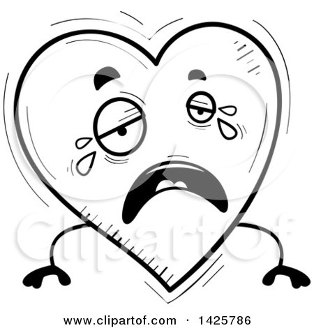 Clipart of a Cartoon Black and White Doodled Crying Heart Character - Royalty Free Vector Illustration by Cory Thoman