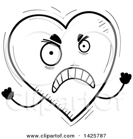 Clipart of a Cartoon Black and White Doodled Mad Heart Character - Royalty Free Vector Illustration by Cory Thoman