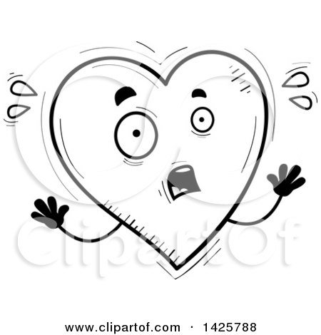 Clipart of a Cartoon Black and White Doodled Scared Heart Character - Royalty Free Vector Illustration by Cory Thoman