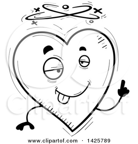 Clipart of a Cartoon Black and White Doodled Drunk Heart Character - Royalty Free Vector Illustration by Cory Thoman