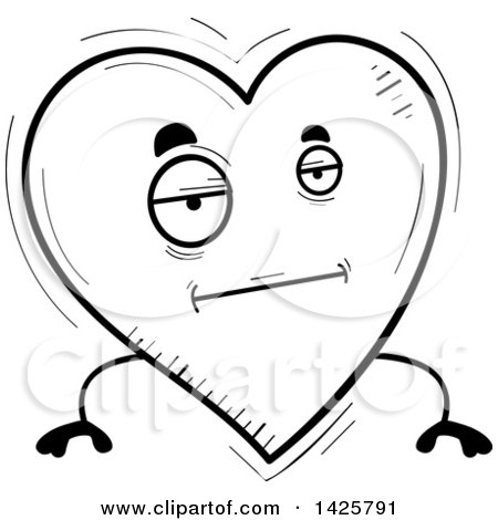 Clipart of a Cartoon Black and White Doodled Bored Heart Character - Royalty Free Vector Illustration by Cory Thoman