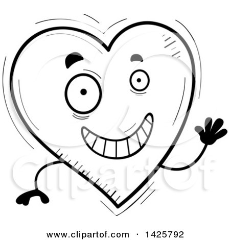 Clipart of a Cartoon Black and White Doodled Waving Heart Character - Royalty Free Vector Illustration by Cory Thoman
